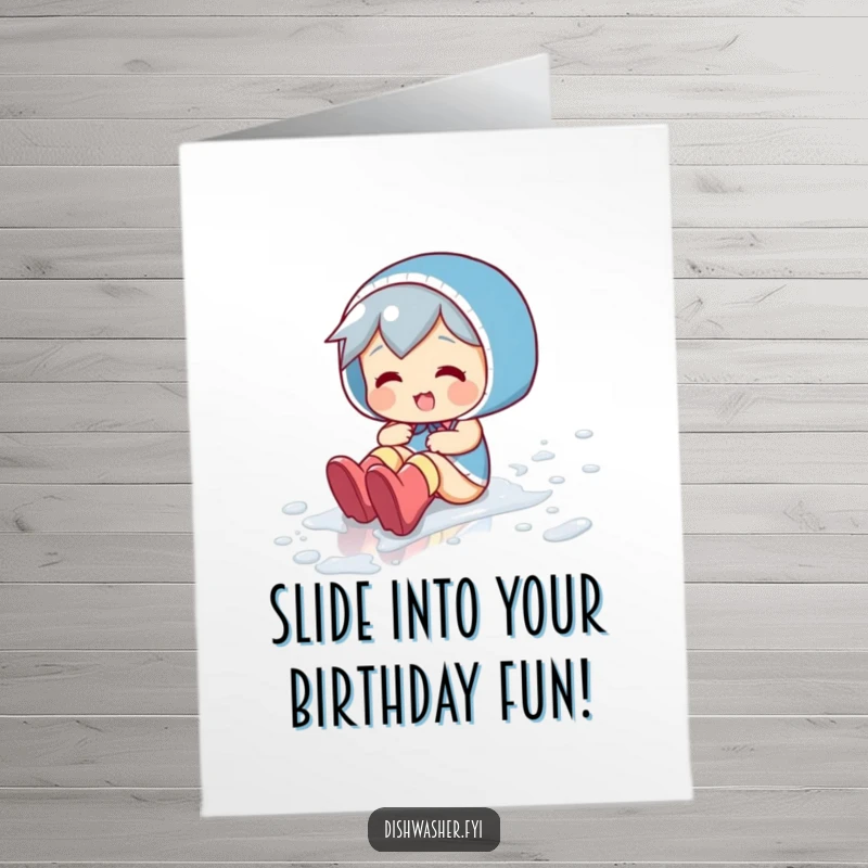 Funny Free Printable Birthday Card: Playful character sliding across a wet floor in rubber boots, a comical depiction of indoor fun.
