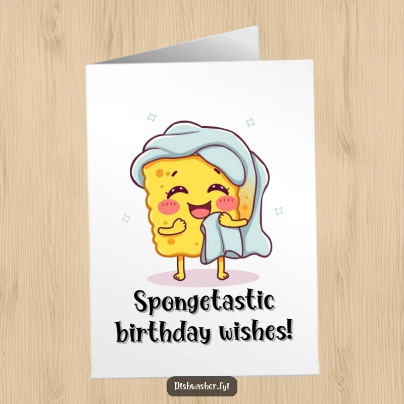 Funny Free Printable Birthday Card: A happy sponge struggling to wring out a comically large dishcloth, effort and humor.