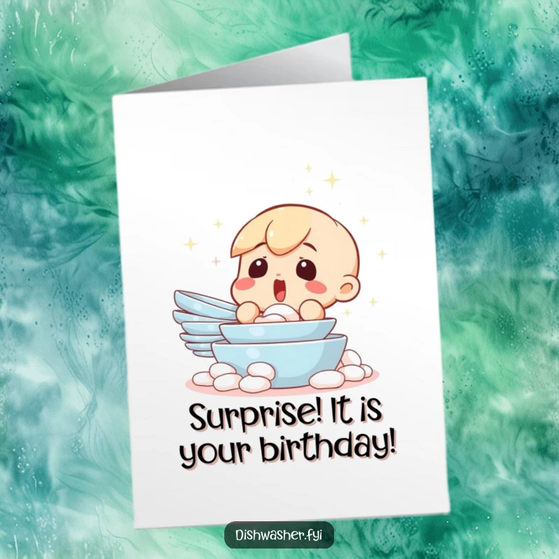 Funny Free Printable Birthday Card: A surprised character stares in amazement at a sparkling clean pile of dishes.
