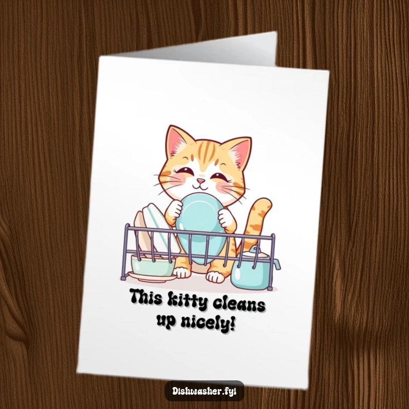 Funny Free Printable Birthday Card: A cat meticulously places clean dishes in a rack, looking very pleased with its chore.