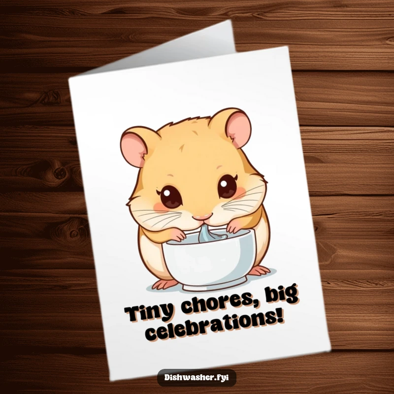 Funny Free Printable Birthday Card: Cute hamster meticulously drying a tiny bowl, conveying intense focus for a joyful celebration.