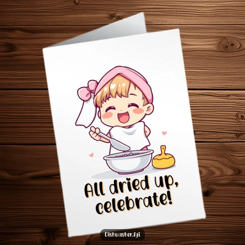 Funny Free Printable Congratulations Card of a happy character gleefully drying a stack of dishes with a soft towel.
