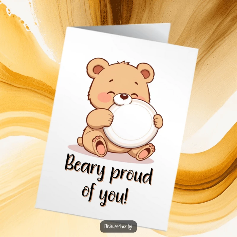 Funny Free Printable Congratulations Card with a bear cub gleefully polishing a shiny plate, celebrating success with a polished and cheerful vibe.