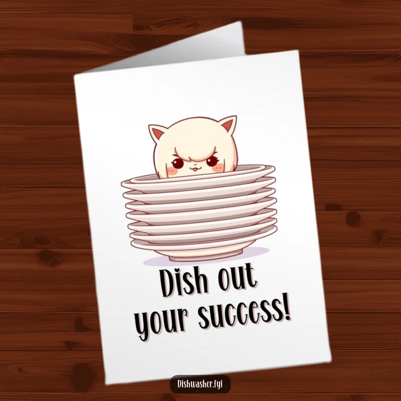 Funny Free Printable Congratulations Card: A mischievous character hides behind clean plates, plotting a delightful congratulatory surprise.