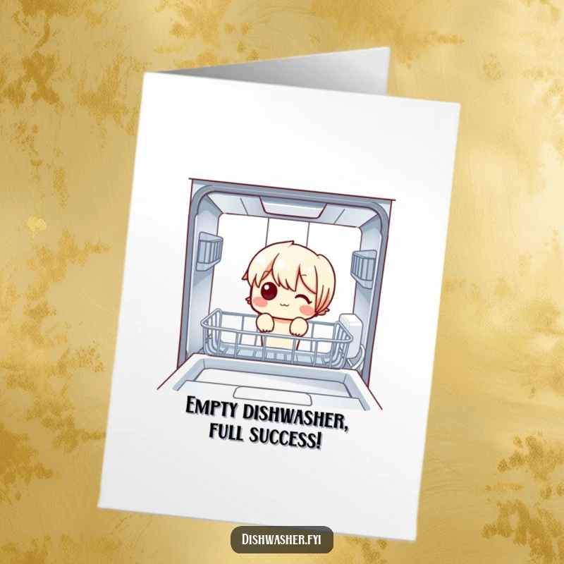 Funny free printable congratulations card with a character curiously peering into an empty dishwasher, celebrating a clean sweep of success.