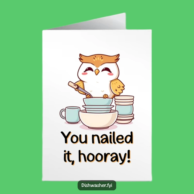 Free Printable Congrats Card: Giggling Owl Stacking Dishes Funny Downloadable Gift