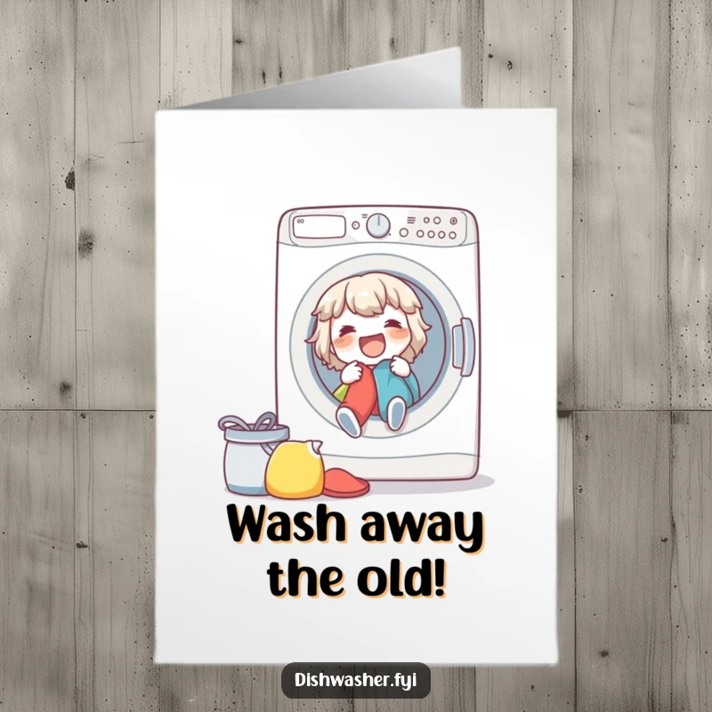 Funny Free Printable Congratulations Card: Spirited character joyfully loading clothes into a washing machine, celebrating a clean victory.
