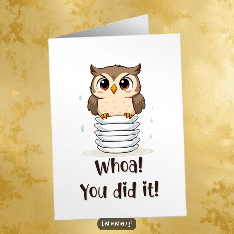 Free Printable Congratulations Card featuring a surprised owl precariously balancing wet plates, symbolizing a challenging but successful endeavor.