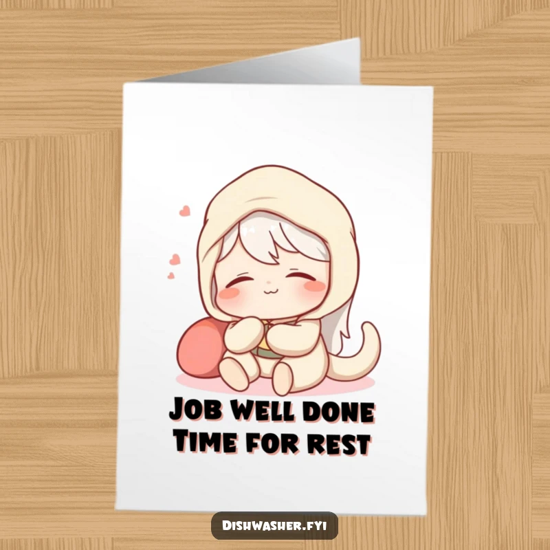 Funny Free Printable Congratulations Card: Content character relaxing with a satisfied sigh after a spotless job, a triumphant DIY gift.