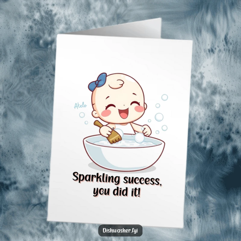 Funny free printable congratulations card of a cheerful character gleefully scrubbing a sparkling dish with bubbles, celebrating success.