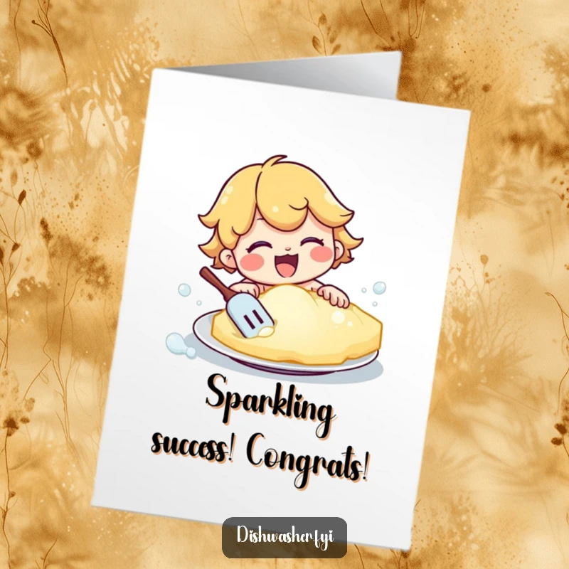 Funny Free Printable Congratulations Card showing a determined character scrubbing a plate clean with a massive, sudsy sponge.