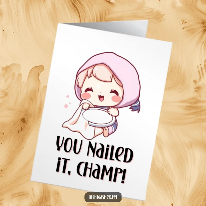 Funny Free Printable Congratulations Card: Playful Character Drying a Plate with a Giggle and a Fluffy Towel