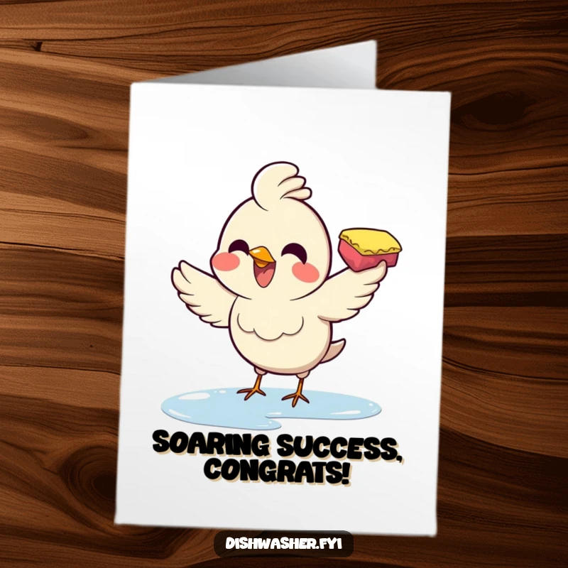 Funny Free Printable Congrats Card: A bird using a sponge to wipe a surface with great enthusiasm, a humorous downloadable gift.