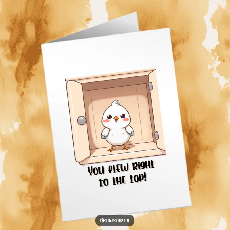 Funny Free Printable Congrats Card: A cheerful bird peeking from a tidy cupboard, conveying delighted congratulations for success.