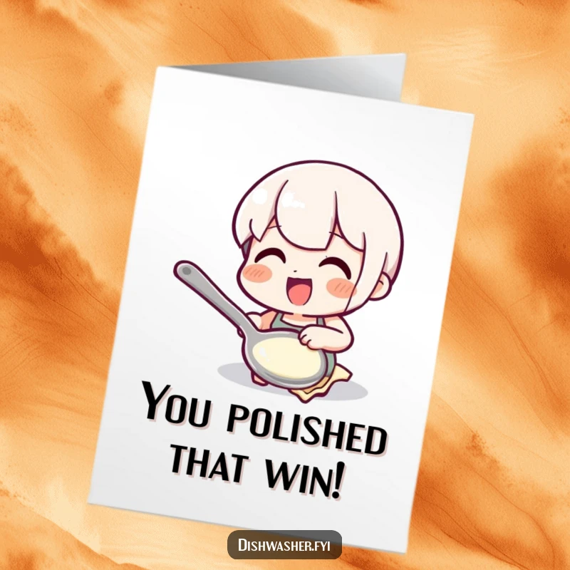 Funny Free Printable Congratulations Card featuring a delighted character making a spoon shine, celebrating a brilliant success.