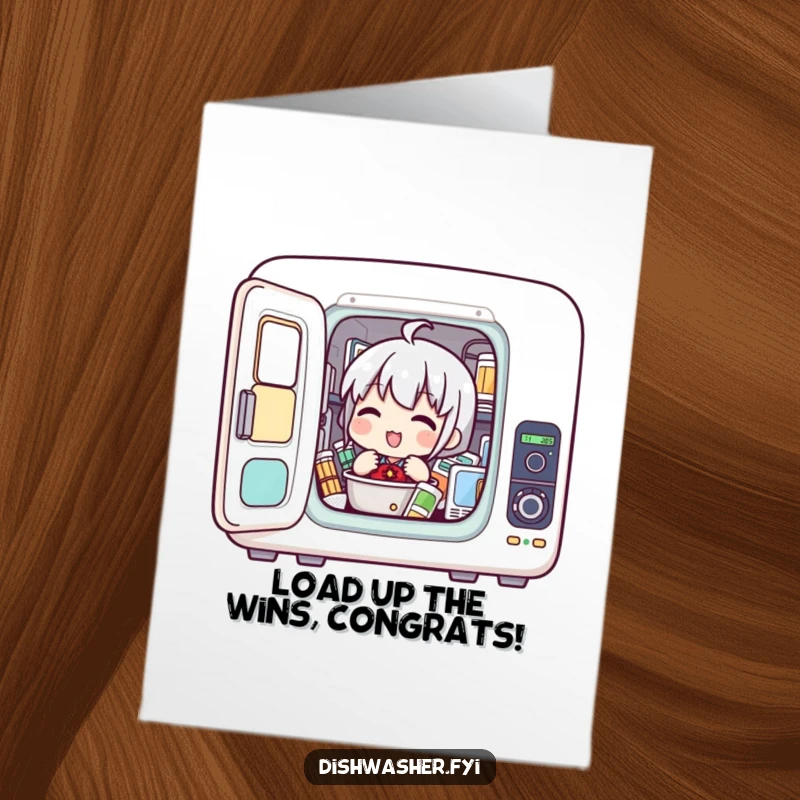 Funny Free Printable Congratulations Card: Character loading items into an appliance, symbolizing getting things done.