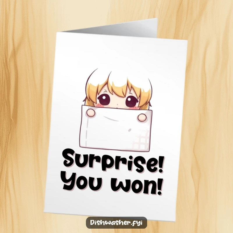 Funny Free Printable Congratulations Card: Curious character slyly peeking from behind a clean napkin, celebrating a clever win.
