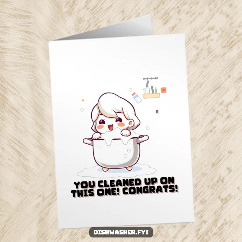 Funny Free Printable congratulations card with a cute character happily scrubbing a large pot with lots of bubbly soap, great for print at home.