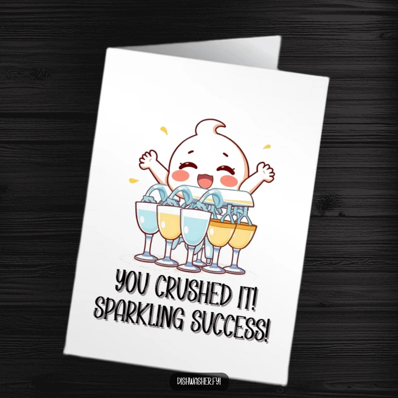 Funny Free Printable Congrats Card: Delighted character enthusiastically rinsing a stack of glasses, symbolizing clarity and success.