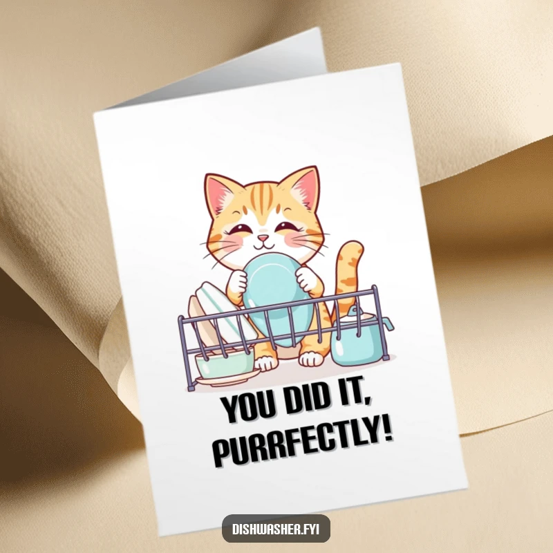 Funny Free Printable Congrats Card: A cat proudly arranges clean dishes in a drying rack, embodying organizational glee.