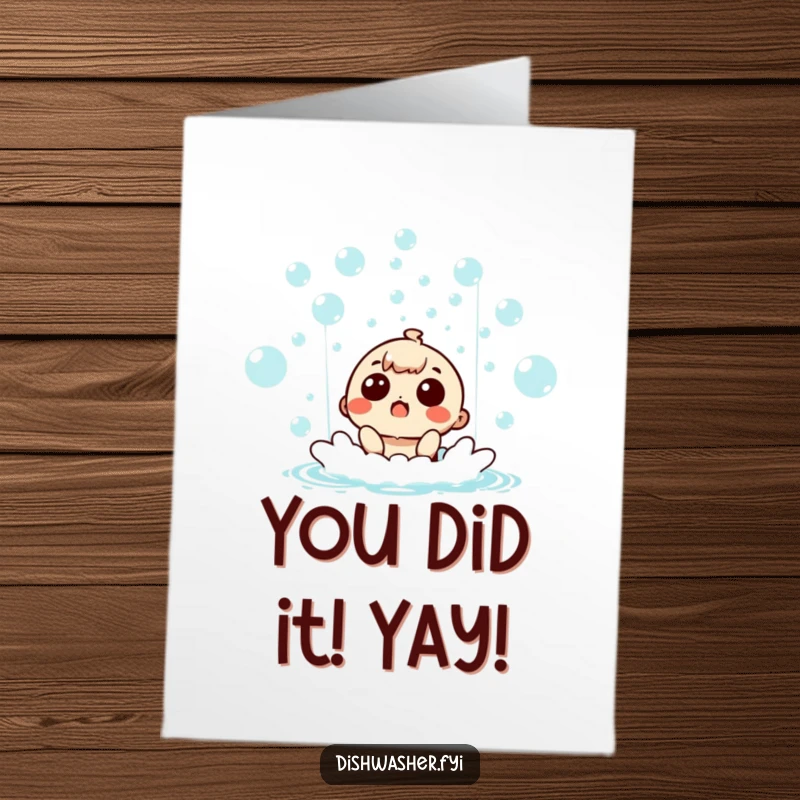 Funny Free Printable Congratulations Card: Gleeful character caught in a celebratory bubble waterfall, perfect for applauding achievements.