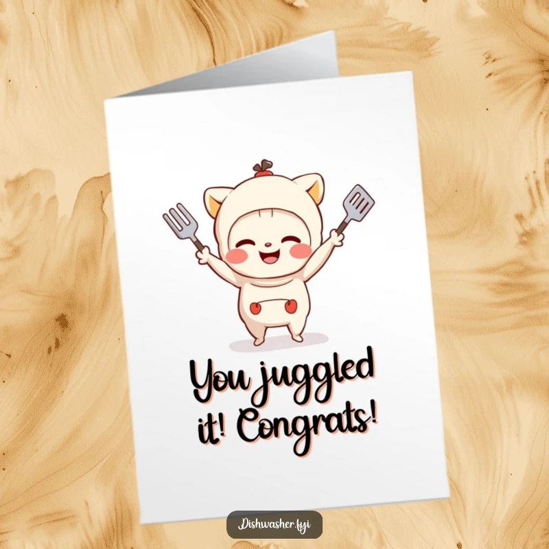 Funny Free Printable Congratulations Card: Character juggling kitchen utensils with a mischievous grin, celebrating your win.