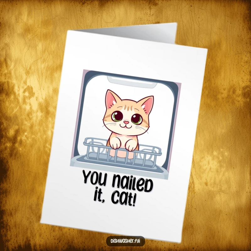 Funny Free Printable Congratulations Card: A curious cat character peeks into the dishwasher with wide eyes, observing success.