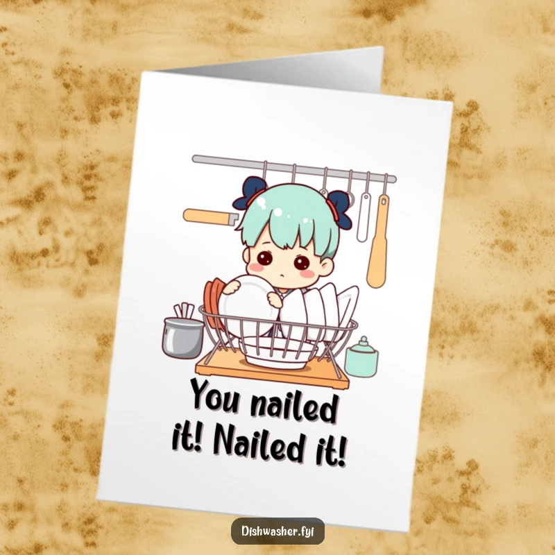 Funny Free Printable Congrats Card: Determined character proudly arranging dishes, a symbol of victory, perfect for congratulations.