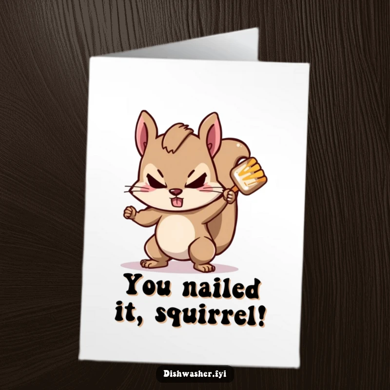 Funny free printable congratulations card showing a determined squirrel character scrubbing a stubborn spot with great gusto.