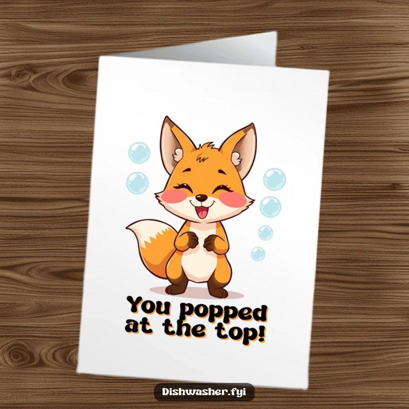 Funny Free Printable Congratulations Card: A mischievous fox character juggles iridescent soap bubbles with pure delight, a perfect downloadable greeting for success.