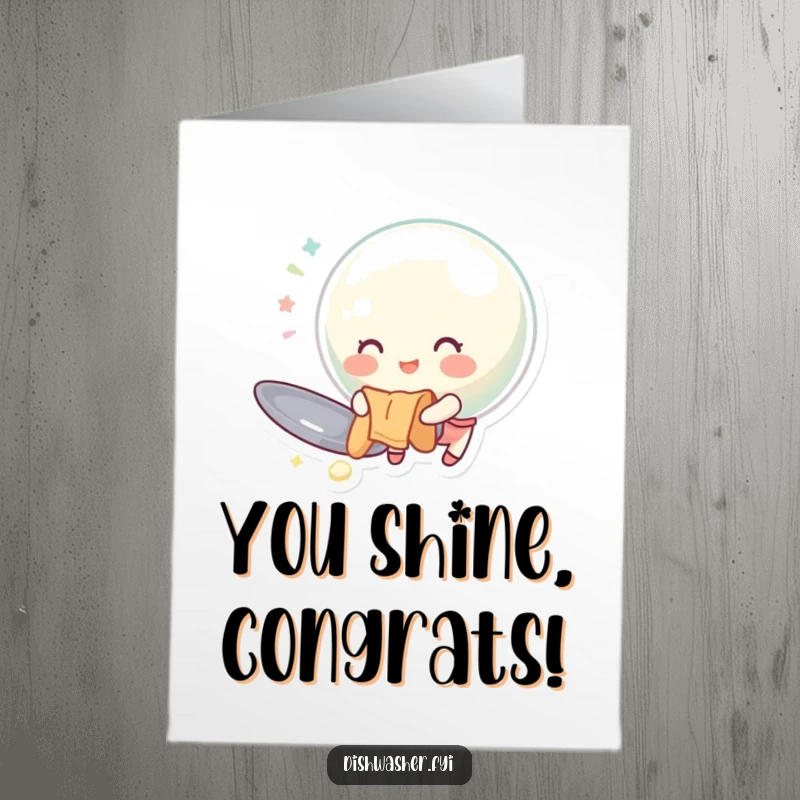 Funny Free Printable Congratulations Card: A cheerful bubble polishing a huge spoon, symbolizing a brilliant achievement.
