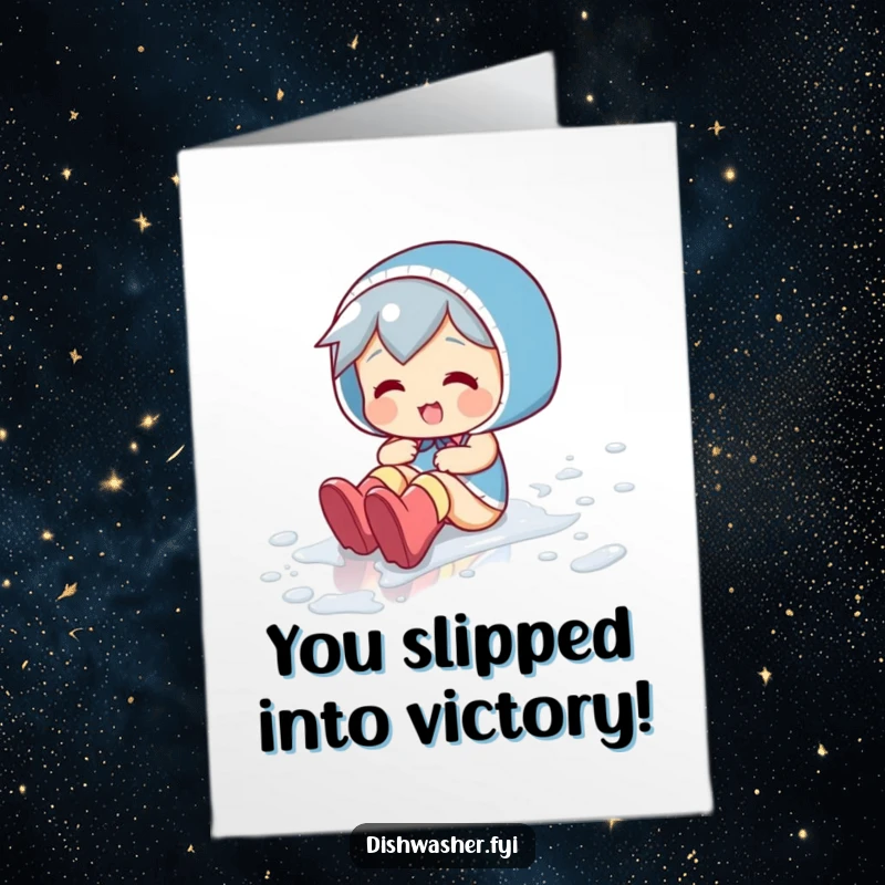 Funny Free Printable Congrats Card: Playful character gleefully sliding across a wet floor in rubber boots, a funny take on achievement.