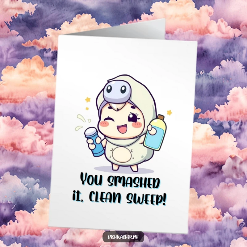 Funny free printable congratulations card of a happy character energetically spraying cleaning liquid with a wink, celebrating achievements.