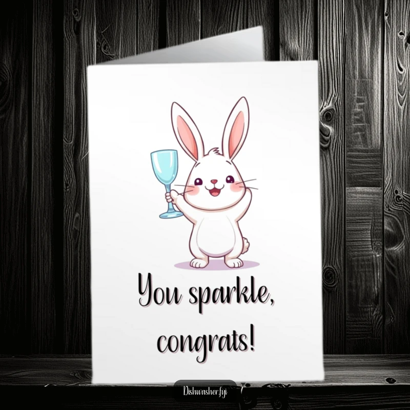 Funny Free Printable Congrats Card: A rabbit triumphantly holding a sparkling clean glass, celebrating success with humor, downloadable gift.