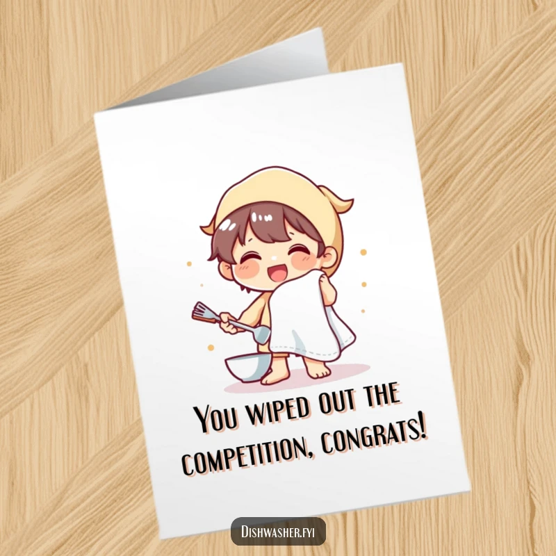 Funny Free Printable Congrats Card: Character drying dishes with a towel, radiating happiness and celebrating achievements.
