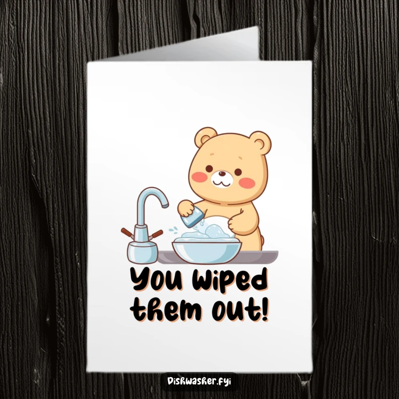 Funny Free Printable Congratulations Card: A cheerful bear character happily washes dishes amidst bubbly suds, a delightful downloadable greeting for any success.