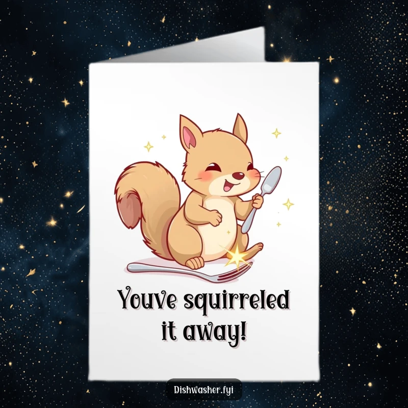 Funny Free Printable Congrats Card: An enthusiastic squirrel happily stores sparkling cutlery, celebrating a job well done.