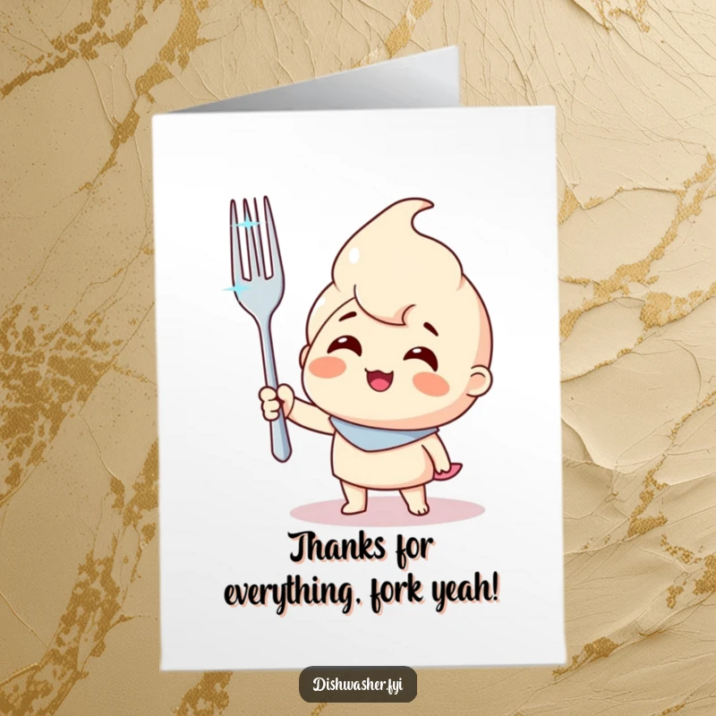 Funny Free Printable character triumphantly holding a sparkling clean fork to say thank you, a delightful DIY card.