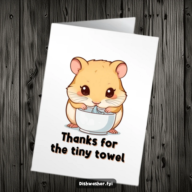 Funny Free Printable Thank You Card: A dedicated hamster drying a miniature bowl, expressing heartfelt thanks with a touch of humor.