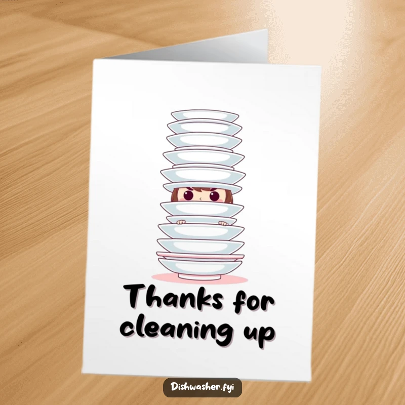 Funny Free Printable Thank You Card with a mischievous character hiding behind clean plates, expressing hidden thanks.
