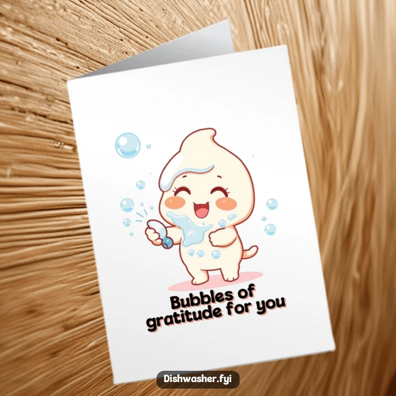 Funny Free Printable Thank You Card: Happy character joyfully spraying dish soap bubbles, a lighthearted way to say thank you.