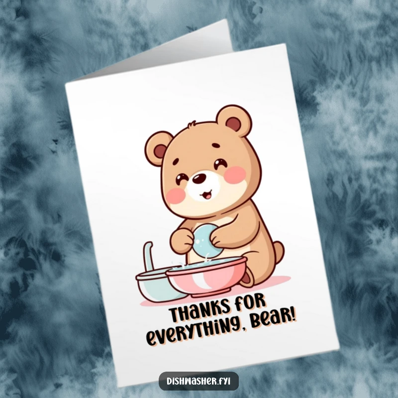 Funny free printable thank you card featuring a cheerful bear character happily washing dishes with lots of bubbles.