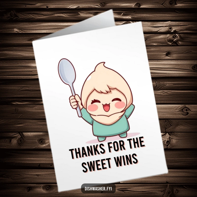 Funny Free Printable Thank You Card: Character winks while holding a clean spoon, expressing thanks.