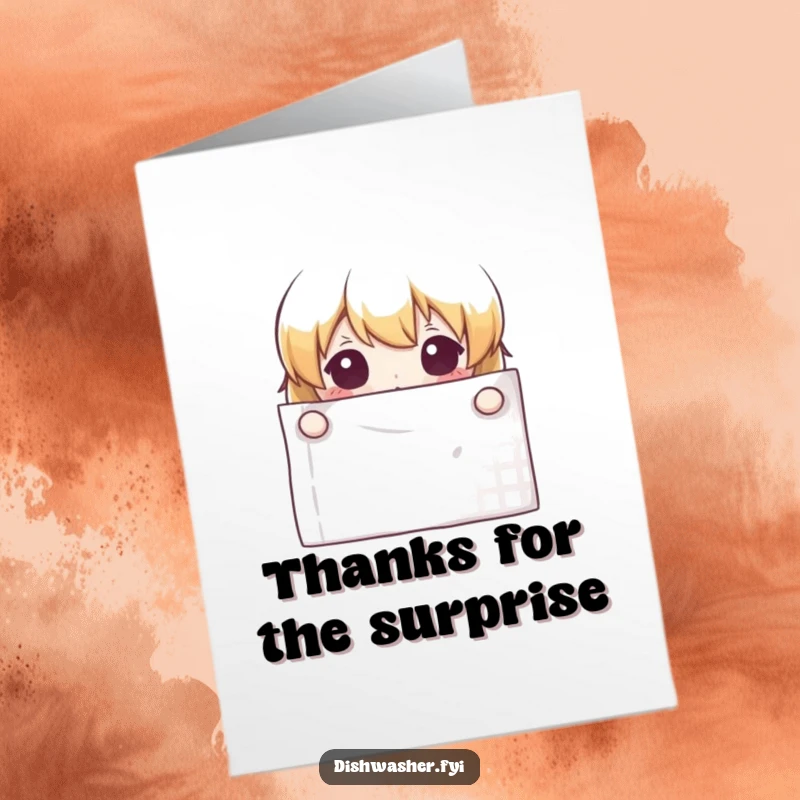 Funny Free Printable Thank You Card: Curious character peeking from behind a pristine napkin, a gentle thank you gesture.