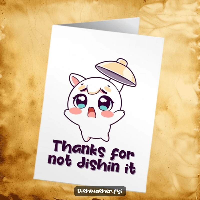 Funny Free Printable Thank You Card: Surprised character dodges flying dish with wide eyes, thankful for help, downloadable art.