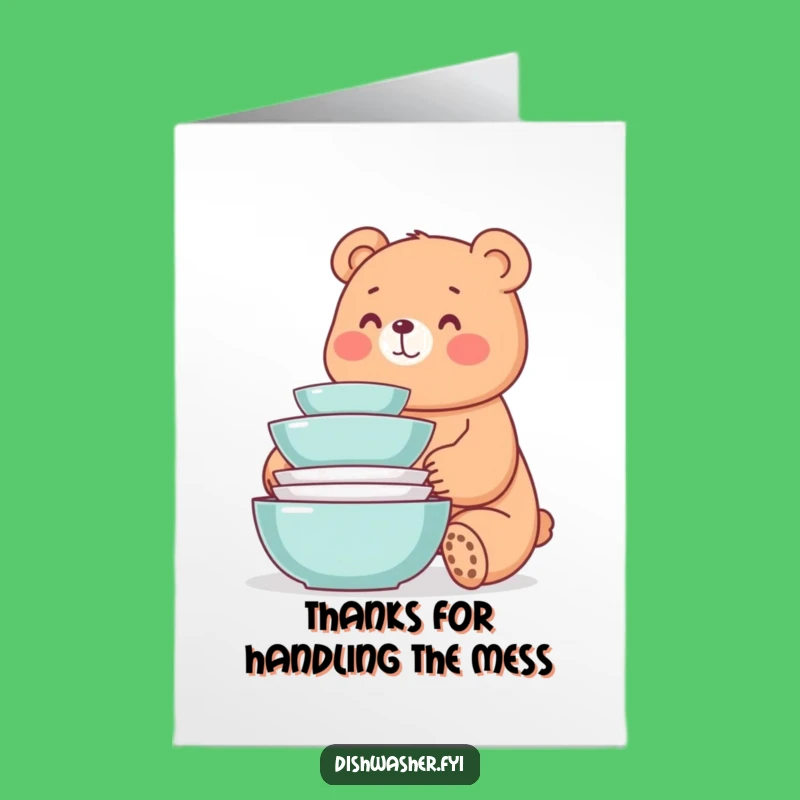 Free Printable Thank You Card: Happy Bear, Clean Dishes Humor Downloadable Gift