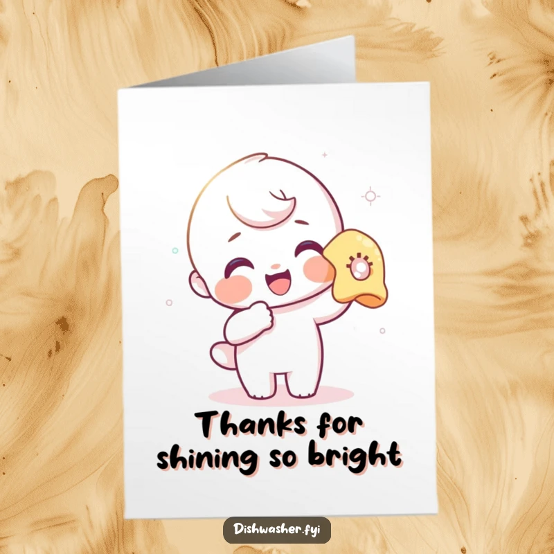 Funny Free Printable Thank You Card: Character beaming while polishing a glass, expressing sincere, humorous gratitude.