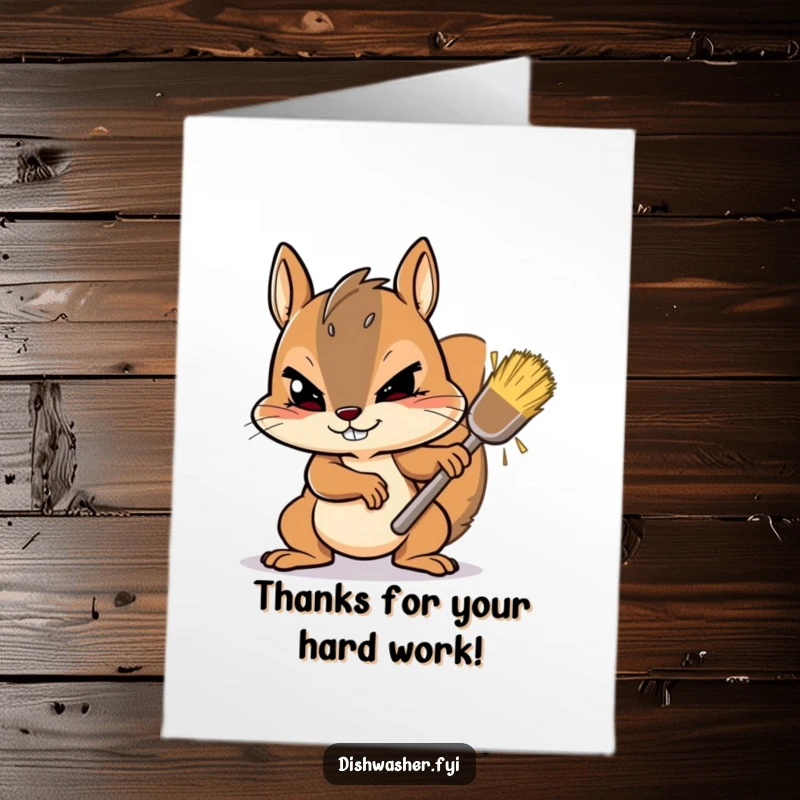 Funny Free Printable Thank You Card: A determined squirrel scrubs away a stubborn spot with energetic gusto, a unique downloadable way to say thanks.