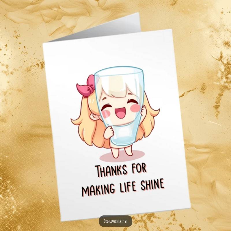 Funny free printable thank you card of a character presenting a perfectly clean glass with a happy expression.
