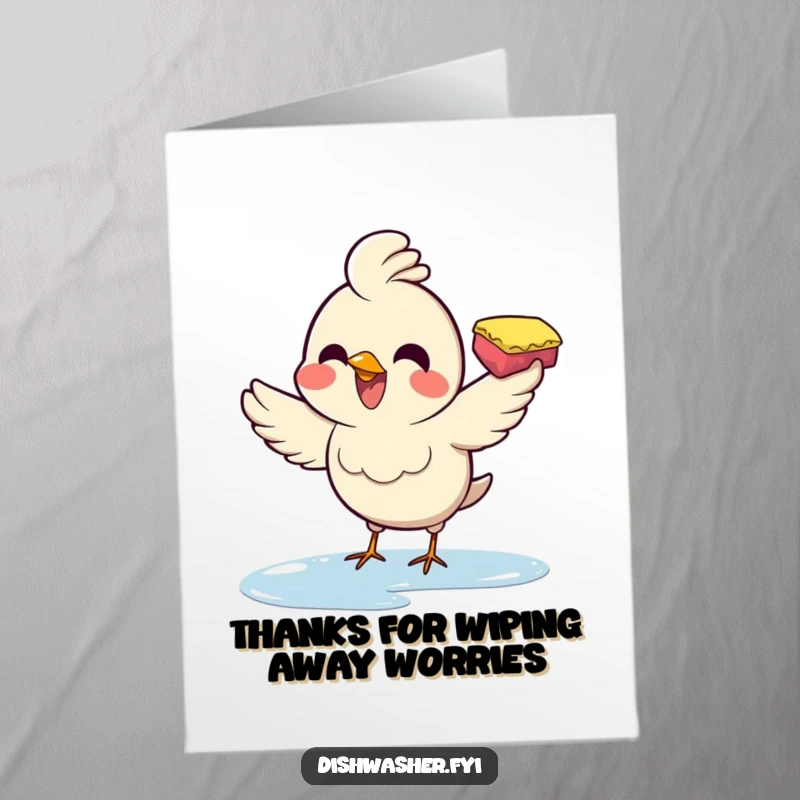 Funny Free Printable Thank You Card: A joyful bird enthusiastically wiping a surface with a sponge, expressing thanks with humor, downloadable gift.